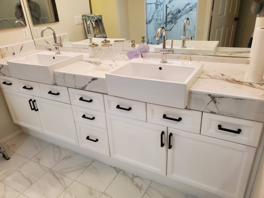 Double floating vanity with marble countertop